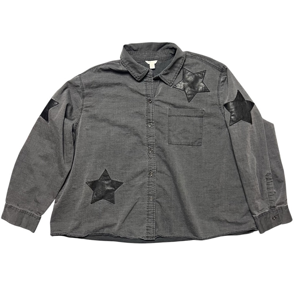Cato Gray Button Down Faux Leather Star Patches Top Grunge